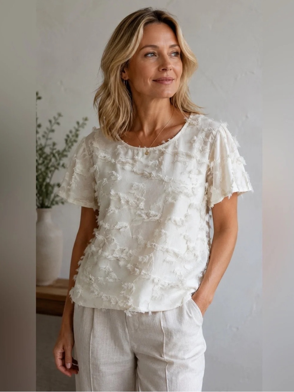 Vince Camuto Sunrise Bay Pearl Ivory Short-Sleeve Fringe Textured Blouse